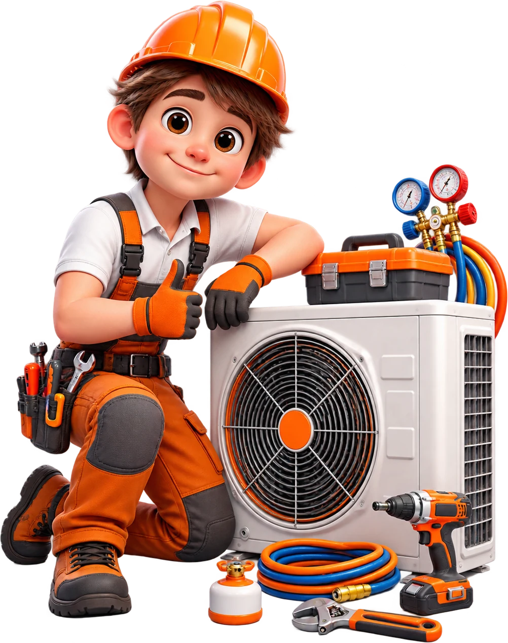 A Wasmia HVAC technician beside a serviced air-conditioning unit